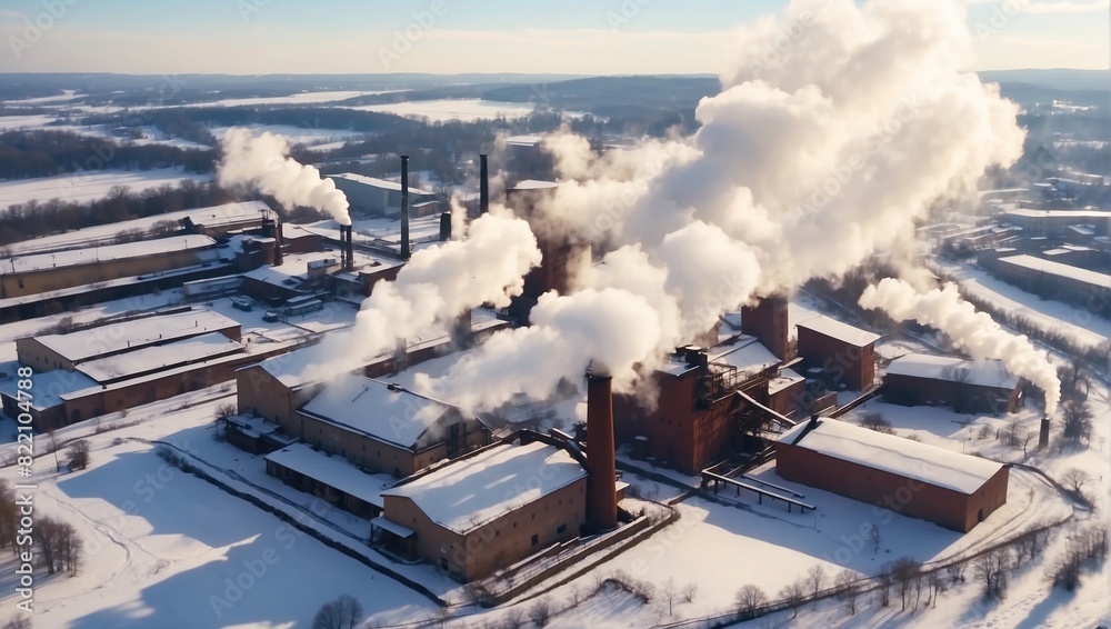 The image shows an aerial view of a factory with smoke coming out of the factory's smokestacks.

