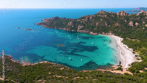 Aerial drone view of Plage de Roccapina, Mediterranean beach during summer, island of Corsica, France photo