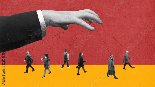 Gina hands in business suit holding string connecting to people, showcasing manipulation, pressure and control of society. Contemporary art. Propaganda, information, social pressure. Creative design