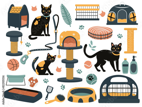 Pet store assortment, accessories for cats. Set of goods in flat style, beds, scratching post, toys for pets, carrier, feeders, hyena products for pets. llustration isolated on white background