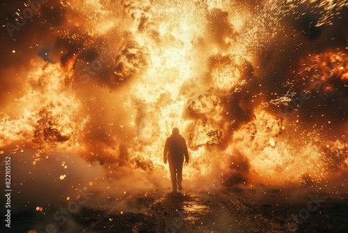 A man on the background of an explosion or a strong fire.