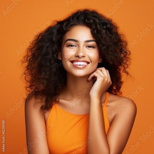 Orange background Happy european white man realistic person portrait of young beautiful Smiling man good mood Isolated on Background Banner with copyspace blank empty copy space  © Zickert