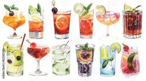 Set of cocktails, summer drinks watercolor clipart. Vector illustration on white background,