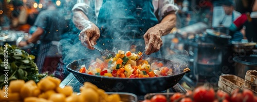 A skilled chef frying vegetables in a bustling kitchen.