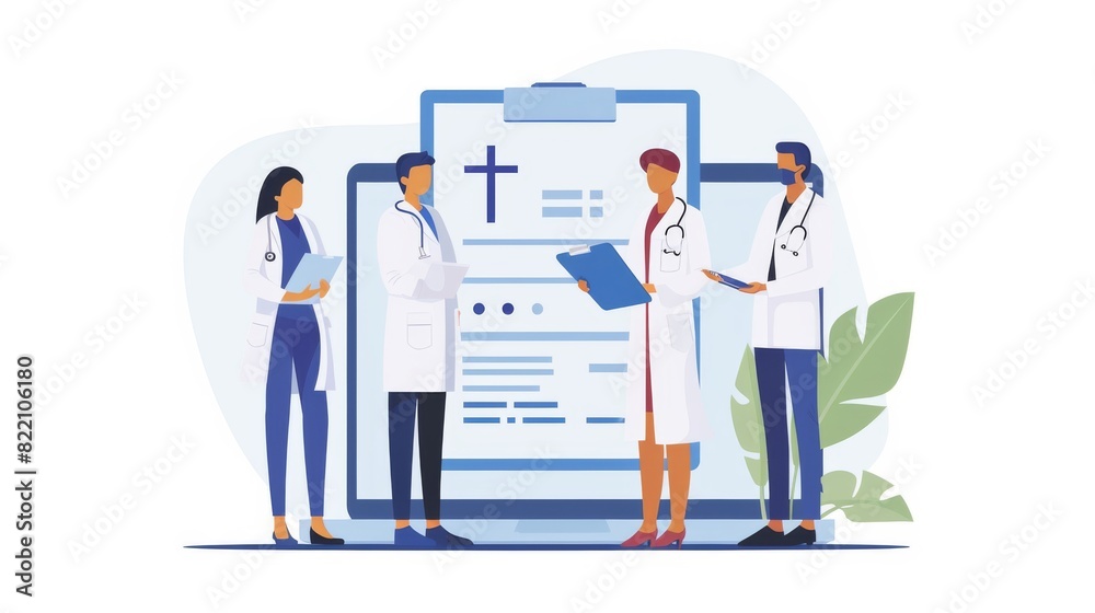 A group of four healthcare professionals, including three women and one man, are discussing over a large patient record chart in a modern medical setting.
