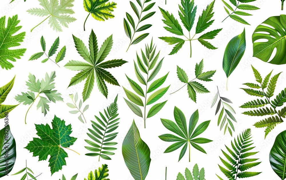 Green leaves of different plants on a white background.