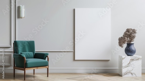 Contemporary living room, minimalist style, blank canvas, teal chair, marble pedestal, elegant vase