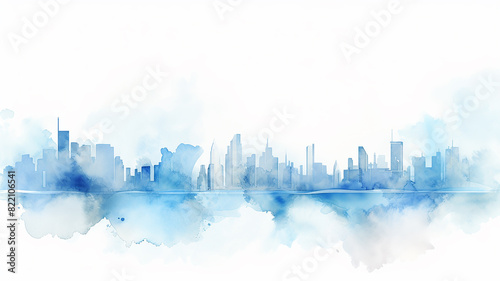 blue silhouette of the city, watercolor illustration on a white background, cityline liquid paint