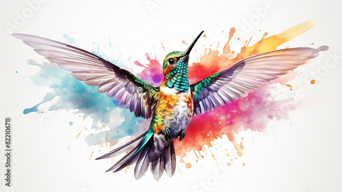Hummingbird watercolor illustration  spots of liquid paint isolated on a white background