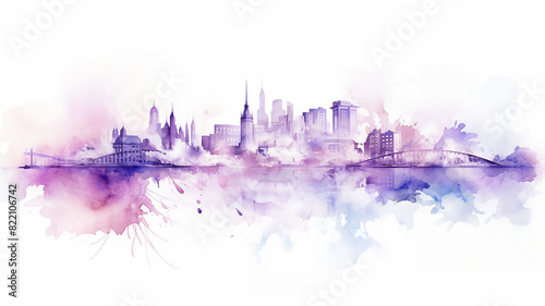purple, lavender silhouette of the city, spring watercolor illustration on a white background, cityline liquid paint