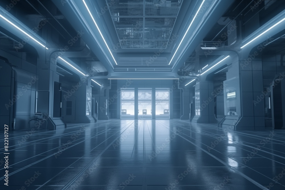 A large, empty room with blue walls and a blue ceiling in sci-fi style. The room is empty and has no furniture or people