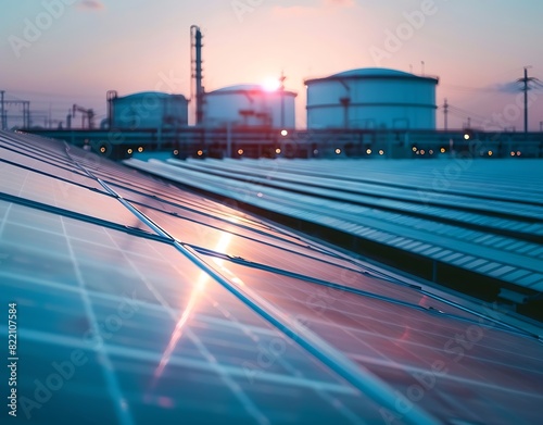 photovoltaic panels with an oil storage tank in the background