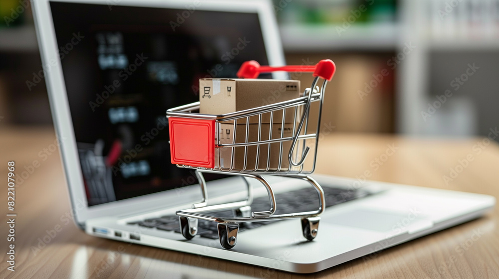 Online shopping concept with miniature shopping cart standing in front of laptop.