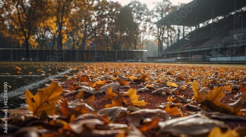 Autumn leaves on a soccer field for sports or fall themed designs