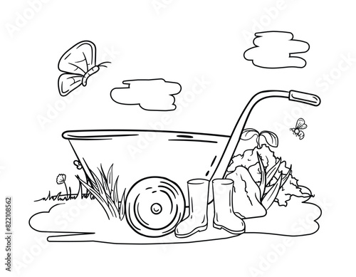 Coloring book for children with garden tools, cart, rubber hoe and spring nature. Black and white vector image