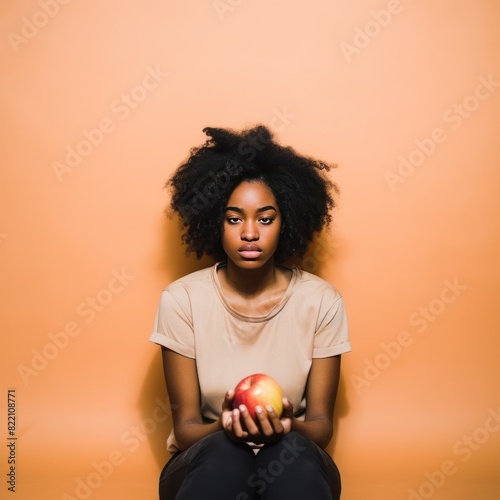 Peach background sad black independent powerful Woman. Portrait of young beautiful bad mood expression girl Isolated on Background racism skin color depression anxiety fear burn out health 