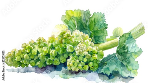 Marvel at the intricate details of Gunnera tinctoria in this stunning watercolor, showcasing the bold, exotic fruit of Chilean rhubarb amidst lush green leaves. photo