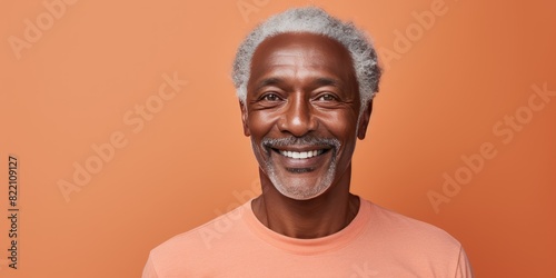 Peach Background Happy black american independant powerful man. Portrait of older mid aged person beautiful Smiling boy Isolated on Background ethnic diversity 