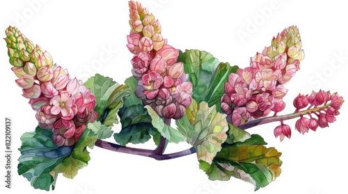 Marvel at the intricate details of Gunnera tinctoria in this stunning watercolor, showcasing the bold, exotic fruit of Chilean rhubarb amidst lush green leaves. photo