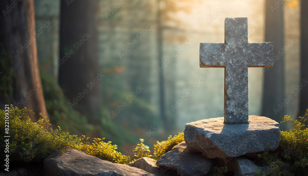 Stone cross against clean background, blurred wall. Symbolic of religion, belief, and spirituality Stone cross against clean background, blurred wall. Symbolic of religion, belief, and spirituality