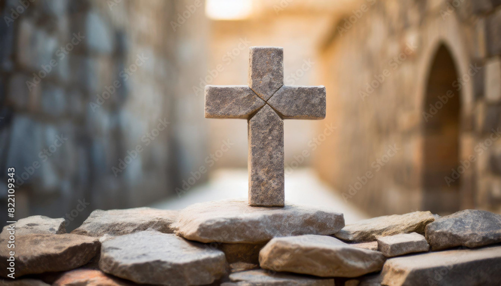 Stone cross against clean background, blurred wall. Symbolic of religion, belief, and spirituality Stone cross against clean background, blurred wall. Symbolic of religion, belief, and spirituality