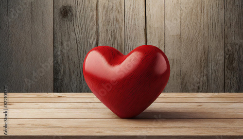 red heart on wooden table  symbolizing love and romance  against blurred Valentine s Day backdrop. Copy space available