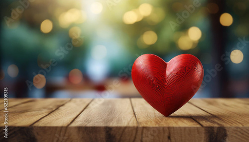 red heart on wooden table, symbolizing love and romance, against blurred Valentine's Day backdrop. Copy space available