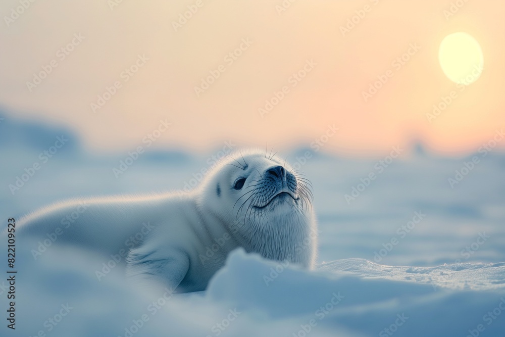 Naklejka premium Cute baby seal in the snow, Arctic environment, in the winter morning light.