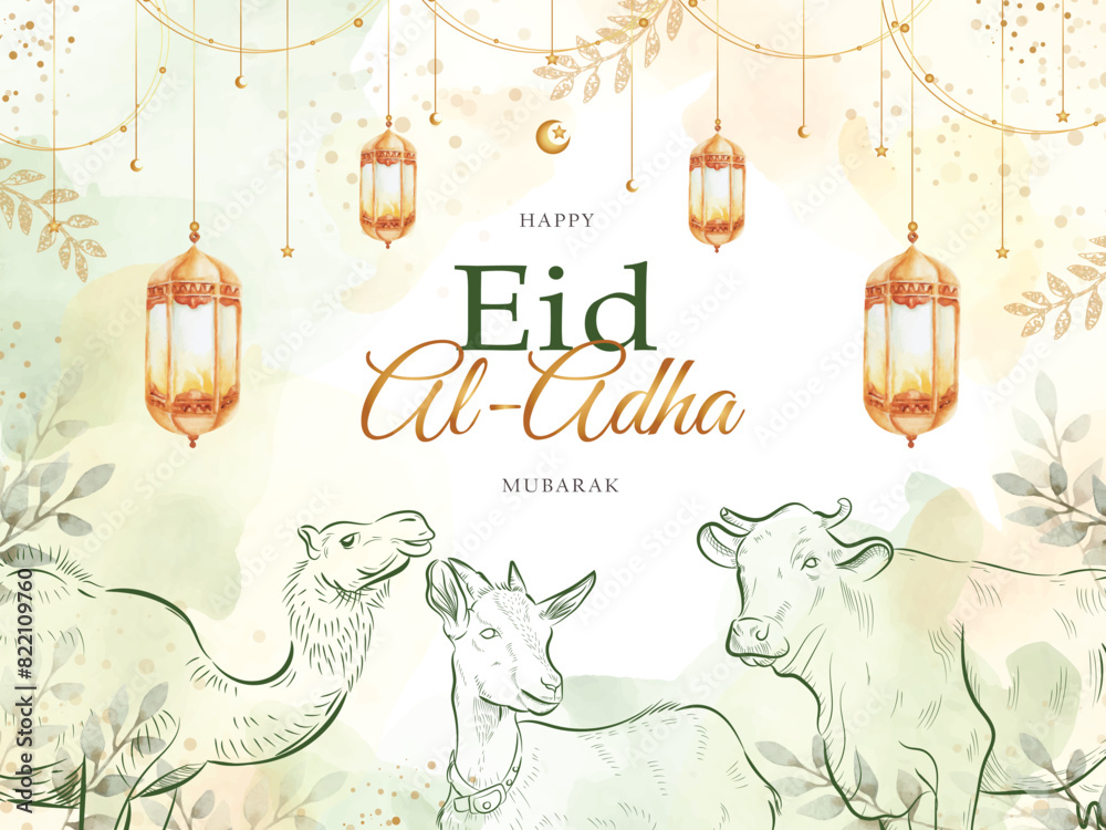 Fototapeta premium eid al adha splash color greeting card with qurban animals