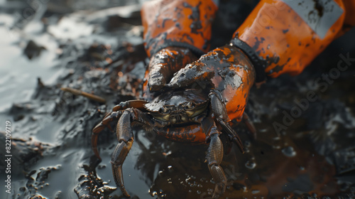 A volunteer in an orange protective suit helps a crab smeared in fuel oil. Close-up of a lifeguard's hand holding a crab