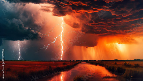 Dramatic sky with intense red-orange hues, lightning, and thunderstorm symbolize divine wrath and nature's fury, conveying anger and power in a visually striking scene