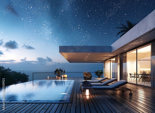 Modern villa with pool and night sky, wide angle lens, high resolution, tropical style,  photo