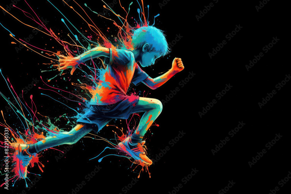 A kid runner abstract color splash on a black background A kid runner abstract color splash on a black background