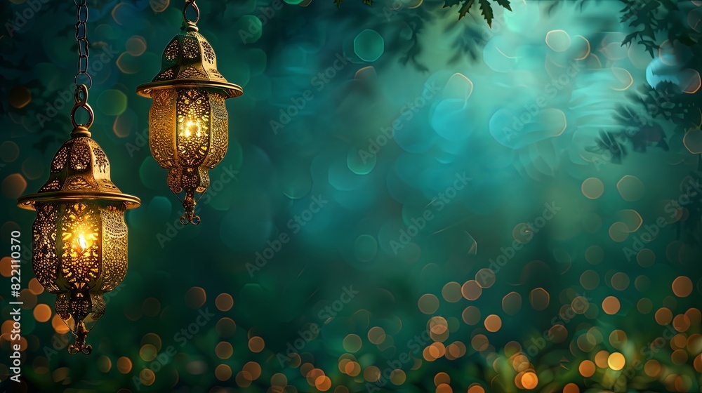 Ramadan background with warm green and gold theme. Ample copy space.