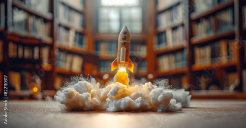 A rocket is taking off from a library filled with books. The rockets flames illuminate the cozy space filled with shelves of literature. photo