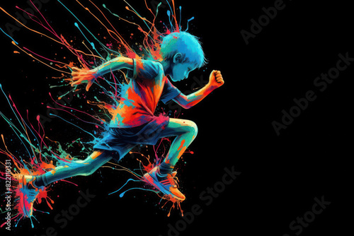 A kid runner abstract color splash on a black background