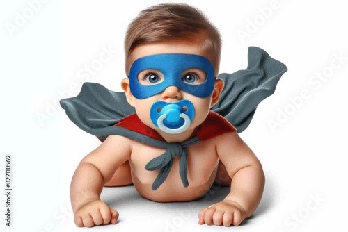 Baby with a pacifier in his mouth and a hero mask on his face Isolated on white background