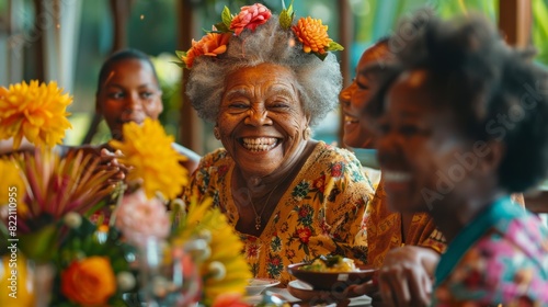 Joyful Elderly Woman with Floral Headpiece Celebrating a Festive Gathering with Family Amidst Vibrant Flowers and Laughter