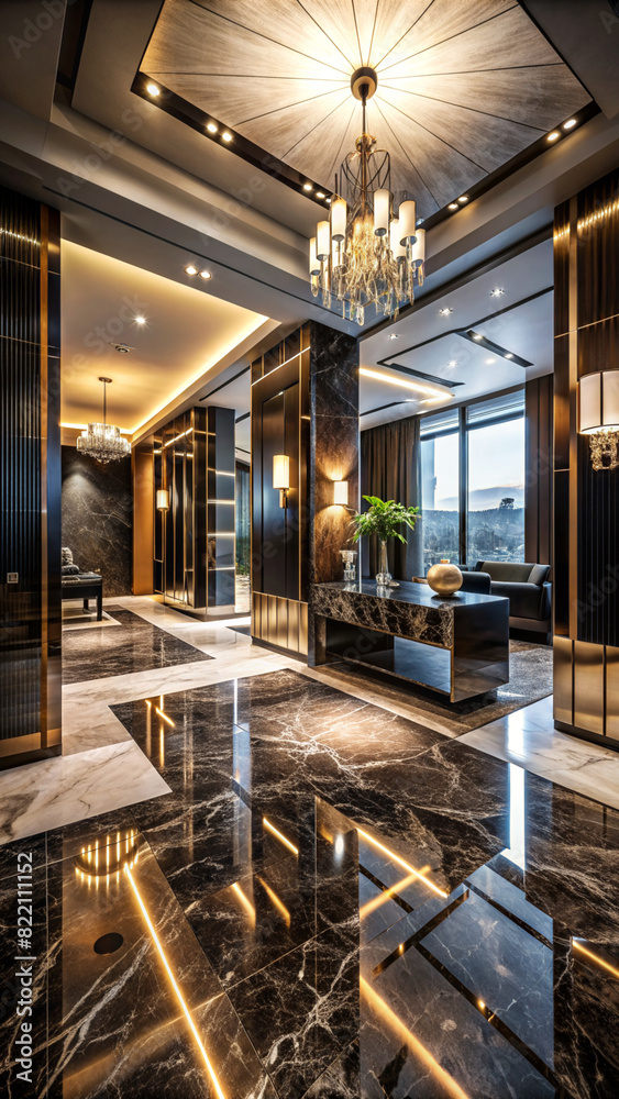 A luxurious lobby with black and gold marble floors, a chandelier, and a couch.