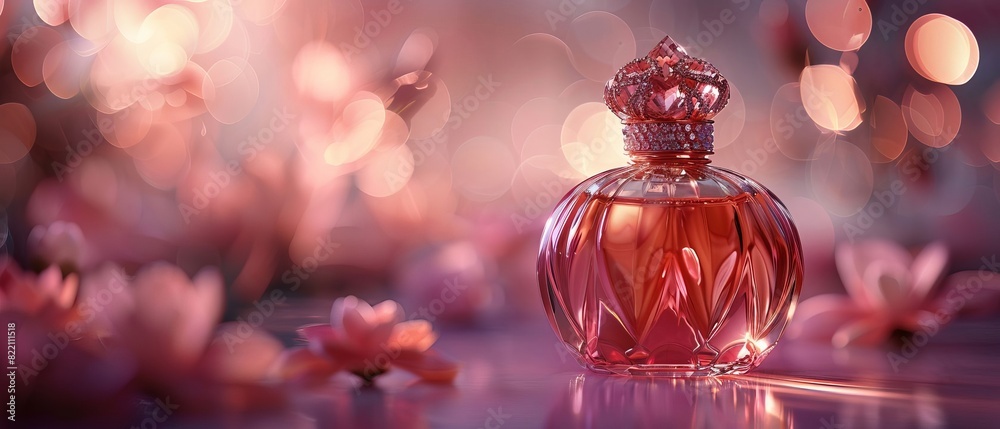 The image shows a bottle of perfume on a pink background The image shows a bottle of perfume on a pink background