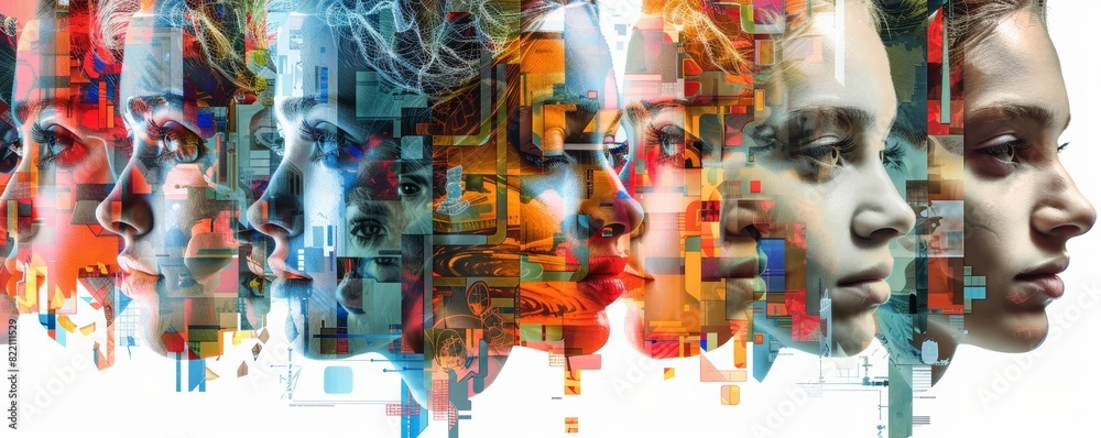 Naklejka premium Artistic collage with fragmented faces, brain diagrams, and vibrant colors, symbolizing mental processes and cognition