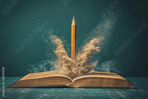 Artistic depiction of a pencil rocket emerging from an open book, symbolizing the fusion of education and innovation photo