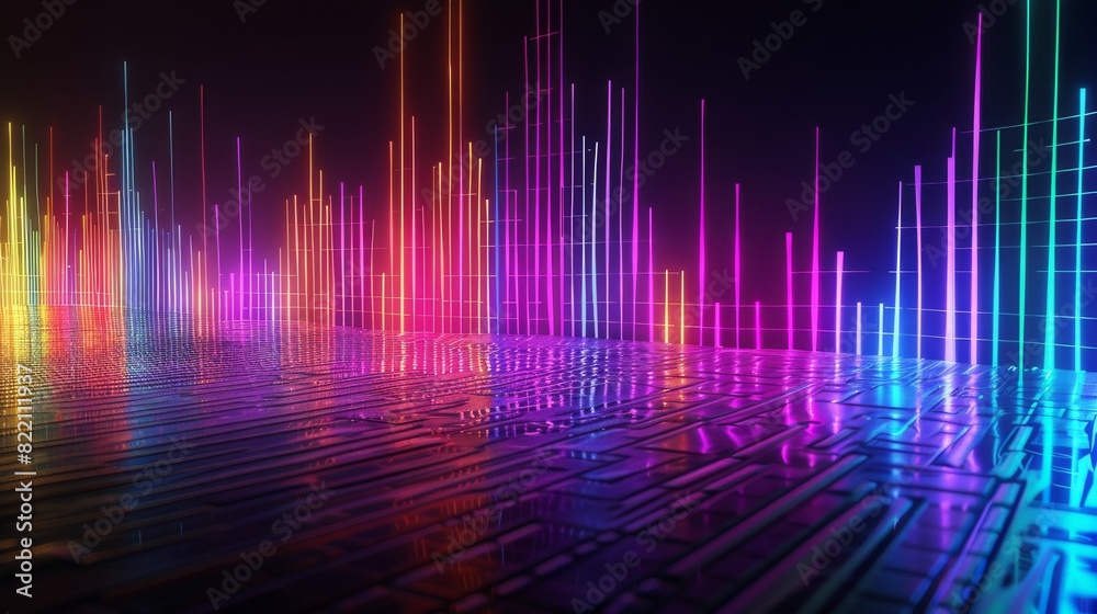 Neon Music Equalizer with Glowing Pink and Blue Bars in a Dark, Reflective Environment
Neon Music Equalizer with Glowing Pink and Blue Bars in a Dark, Reflective Environment