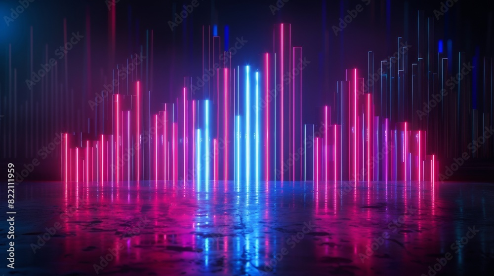 Colorful Neon Music Equalizer with Vertical Glowing Bars on a Reflective Tile Floor
Colorful Neon Music Equalizer with Vertical Glowing Bars on a Reflective Tile Floor