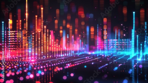 Neon Music Equalizer with Glowing Pink and Blue Bars in a Dark, Reflective Studio Environment