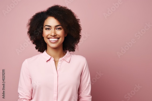 Pink background Happy black independant powerful Woman realistic person portrait of young beautiful Smiling girl Isolated on Background ethnic diversity equality acceptance concept 