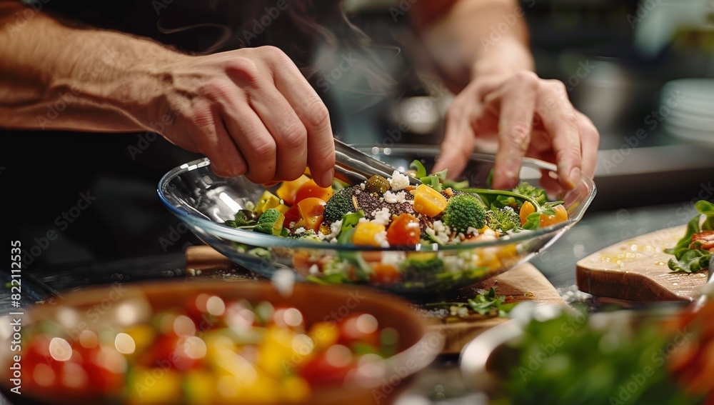 Chef preparing a nutritious quinoa salad with fresh vegetables and feta cheese in a glass bowl, gourmet kitchen scene