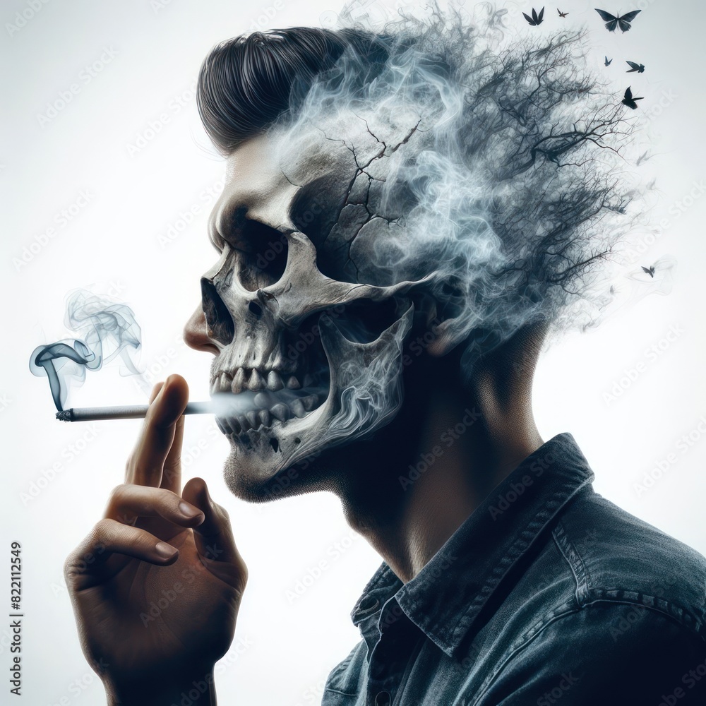 Obraz premium A scull man smokes and blows out smoke Isolated on white background