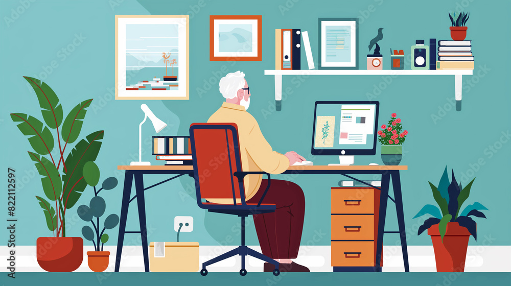 Elderly gray-haired senior man working at home man using computer sit work place at home office Elderly gray-haired senior man working at home man using computer sit work place at home office