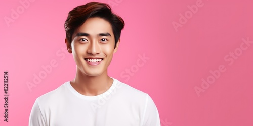 Pink Background Happy asian man realistic person portrait of young teenage beautiful Smiling boy good mood Isolated on Background ethnic diversity equality acceptance concept with copyspace